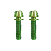 2 green m5x20mm taperhead titanium bolts on a white background
