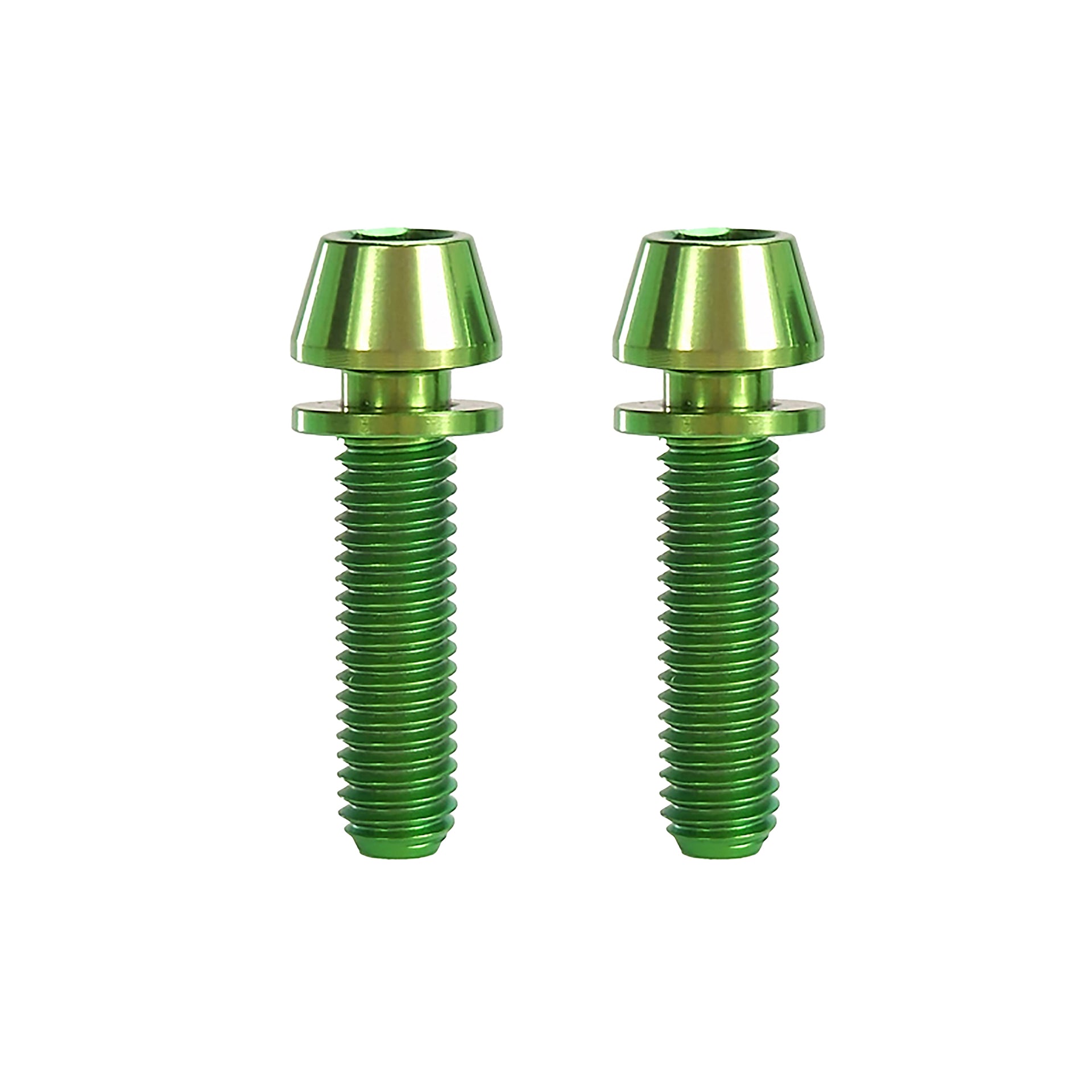 2 green m5x20mm taperhead titanium bolts on a white background