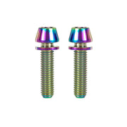 2 oil slick m5x20mm taperhead titanium bolts on a white background
