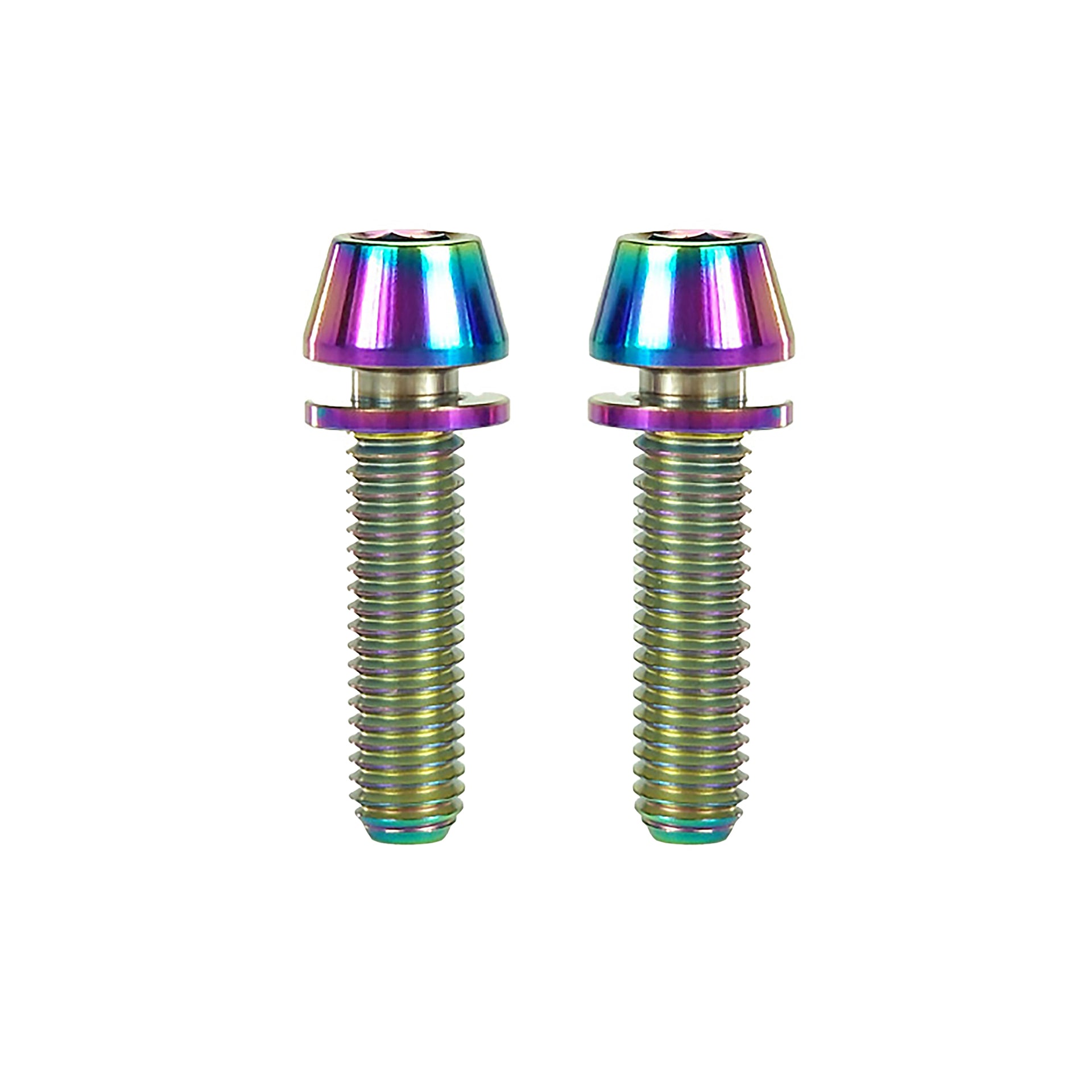 2 oil slick m5x20mm taperhead titanium bolts on a white background