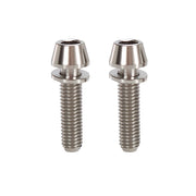 2 raw m5x20mm taperhead titanium bolts on a white background