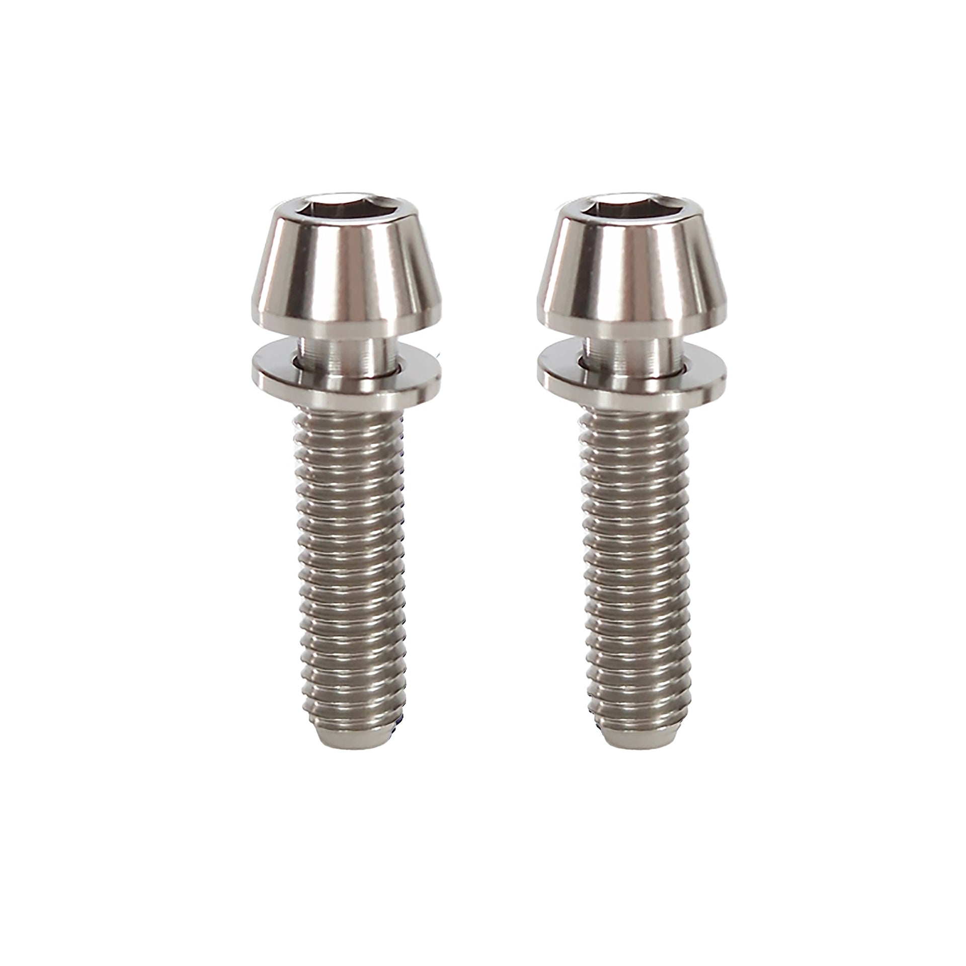 2 raw m5x20mm taperhead titanium bolts on a white background