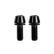 2 black m6x15 taperhead titanium bolts on a white background