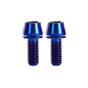 2 blue m6x15 taperhead titanium bolts on a white background