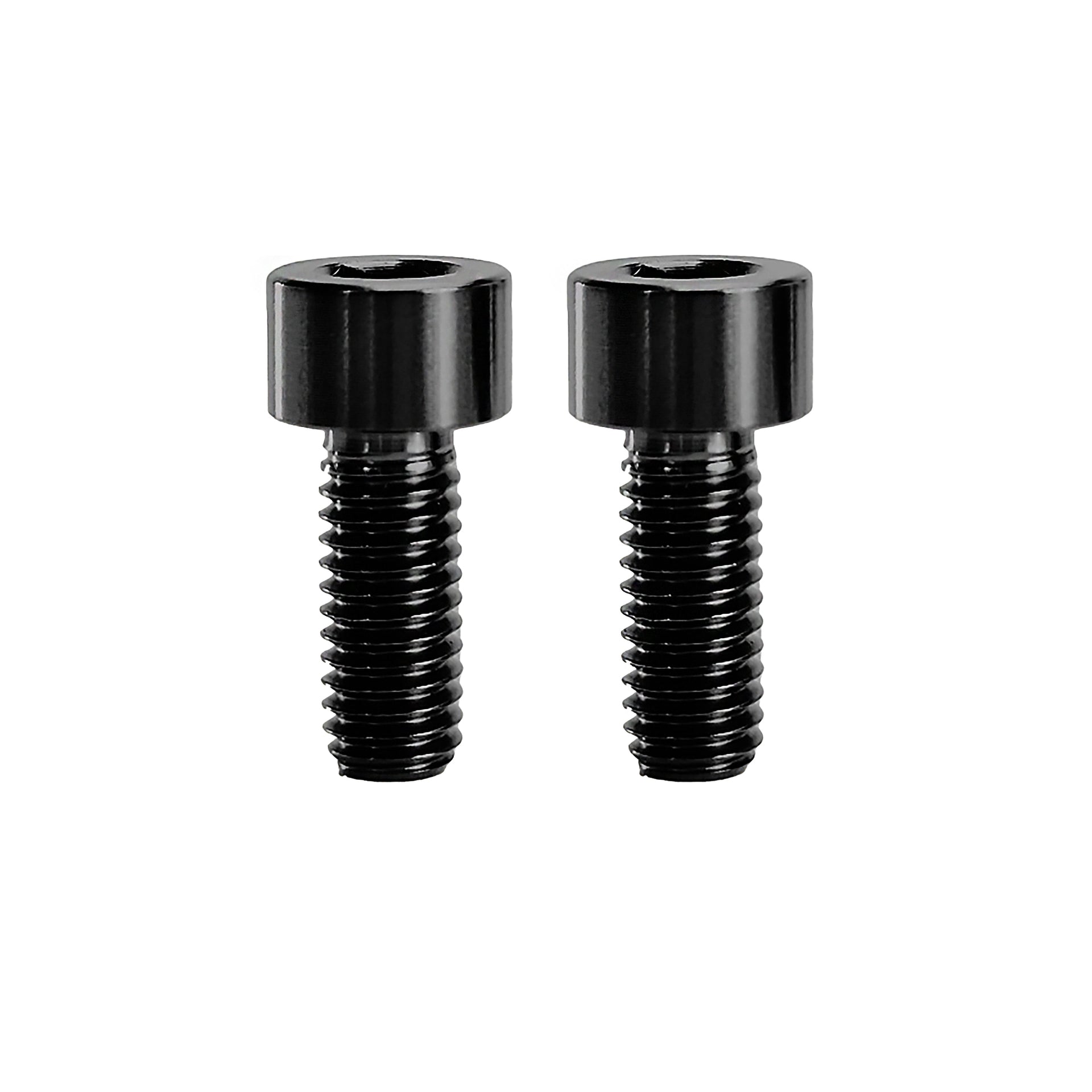 2 black m6x15 caphead titanium bolts on a white background