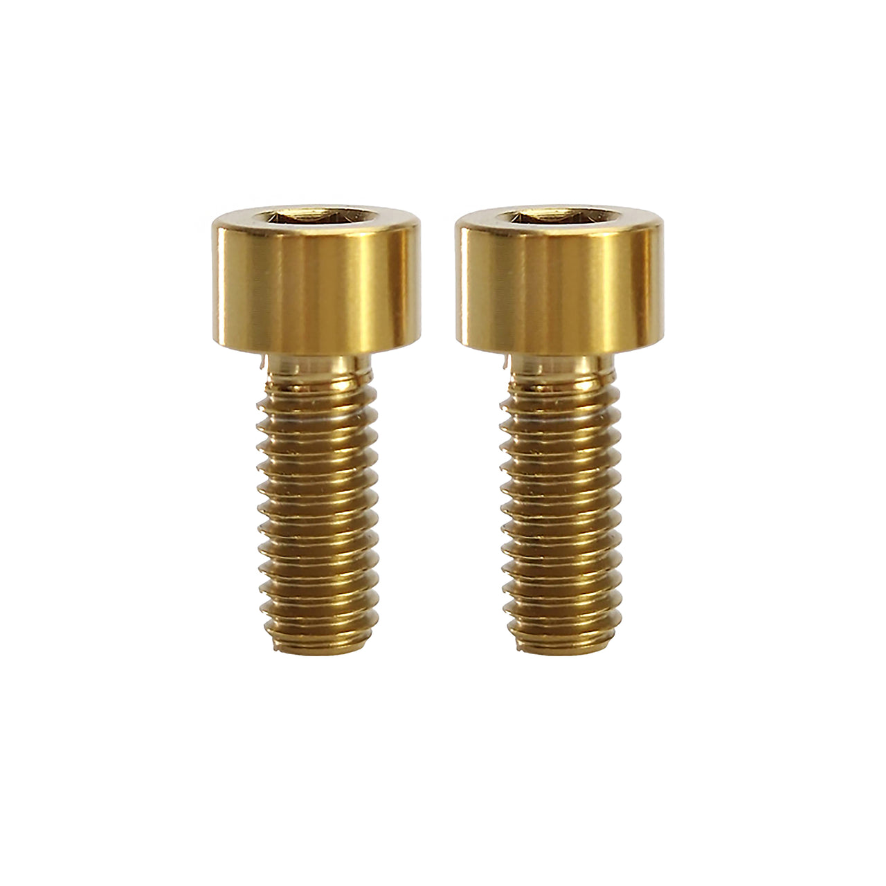 2 gold m6x15 caphead titanium bolts on a white background