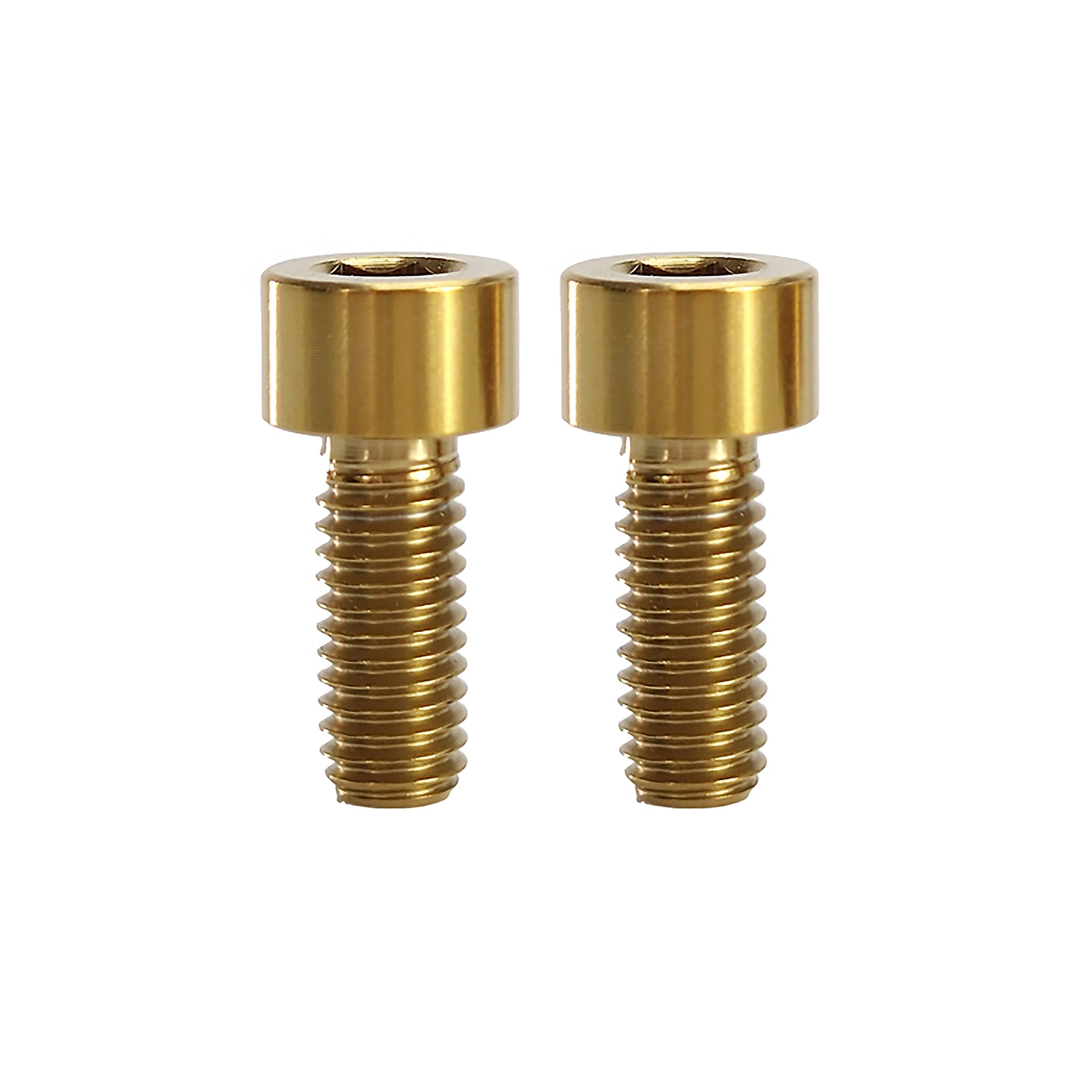 2 gold m6x15 caphead titanium bolts on a white background