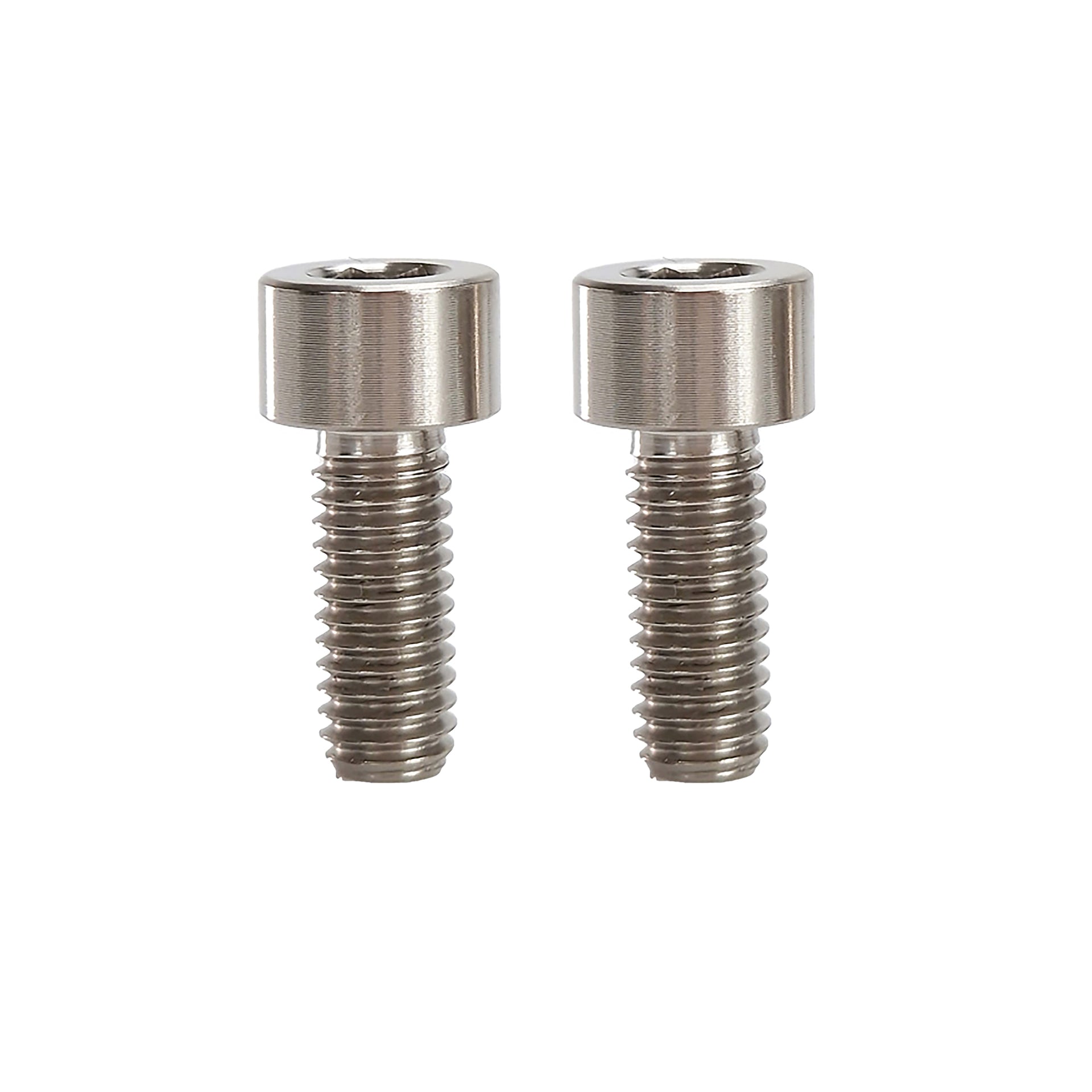 2 raw m6x15 caphead titanium bolts on a white background