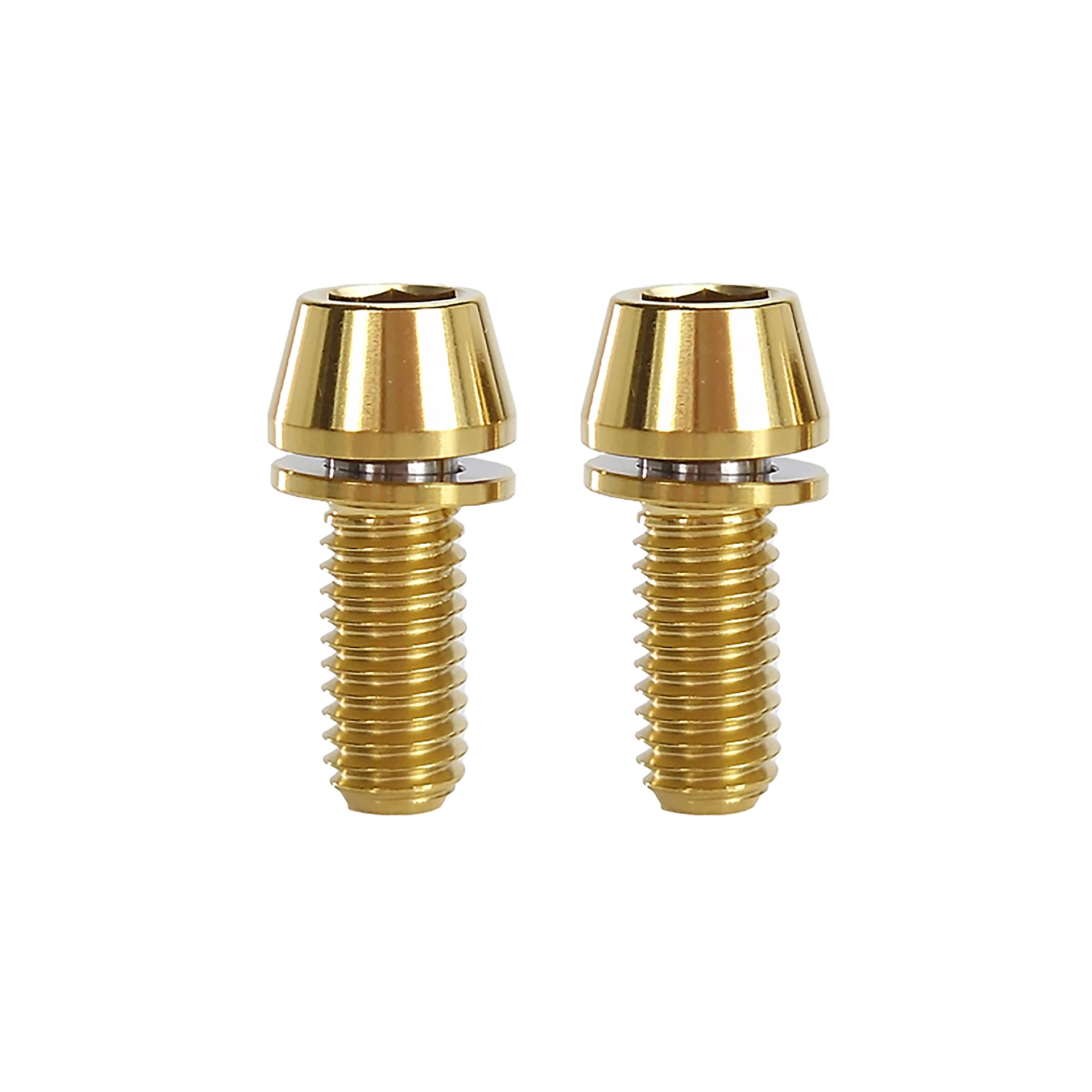 2 gold m6x15 taperhead titanium bolts on a white background
