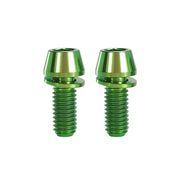 2 green m6x15 taperhead titanium bolts on a white background