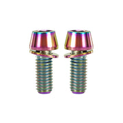 2 oil slick m6x15 taperhead titanium bolts on a white background