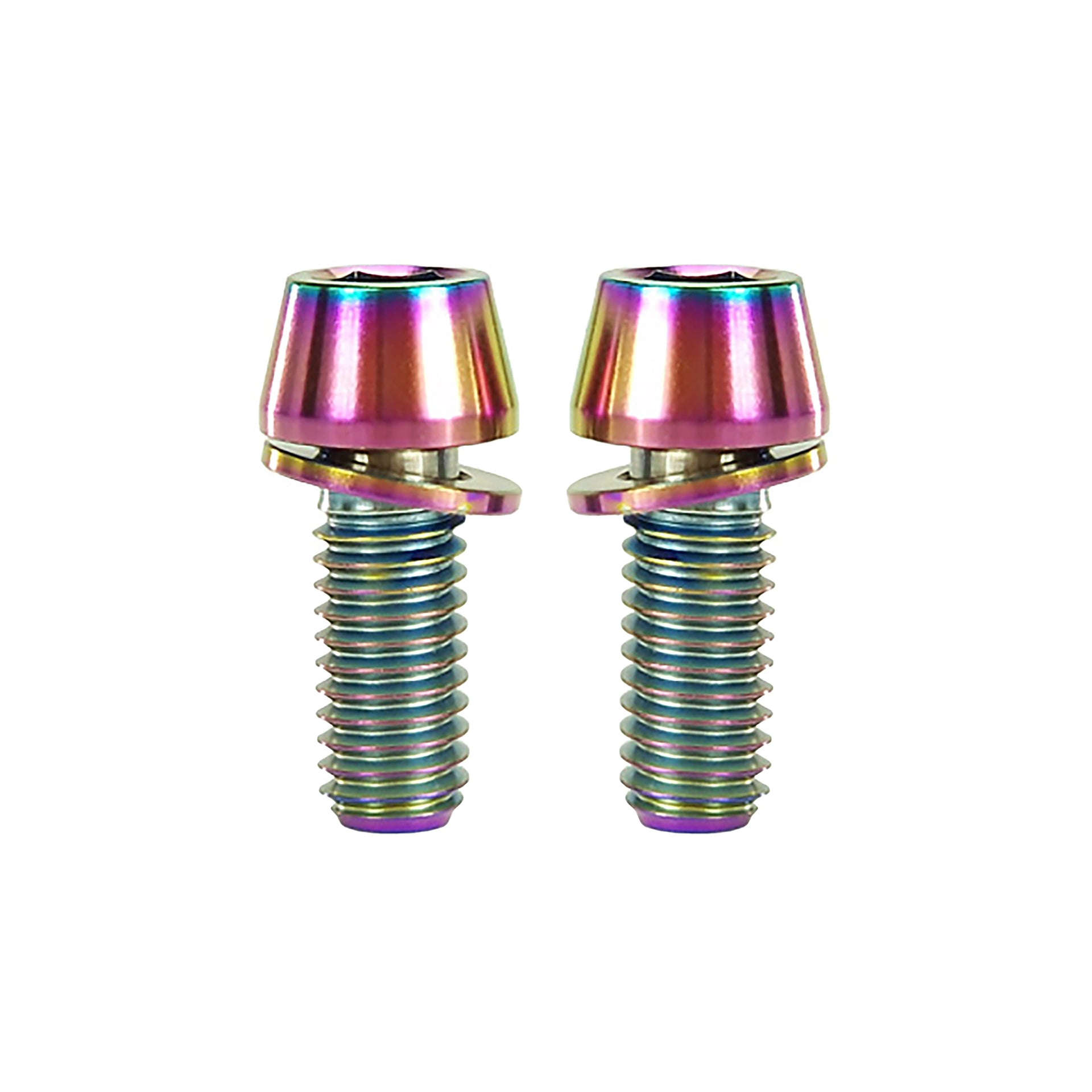 2 oil slick m6x15 taperhead titanium bolts on a white background