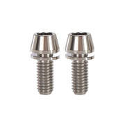 2 raw m6x15 taperhead titanium bolts on a white background