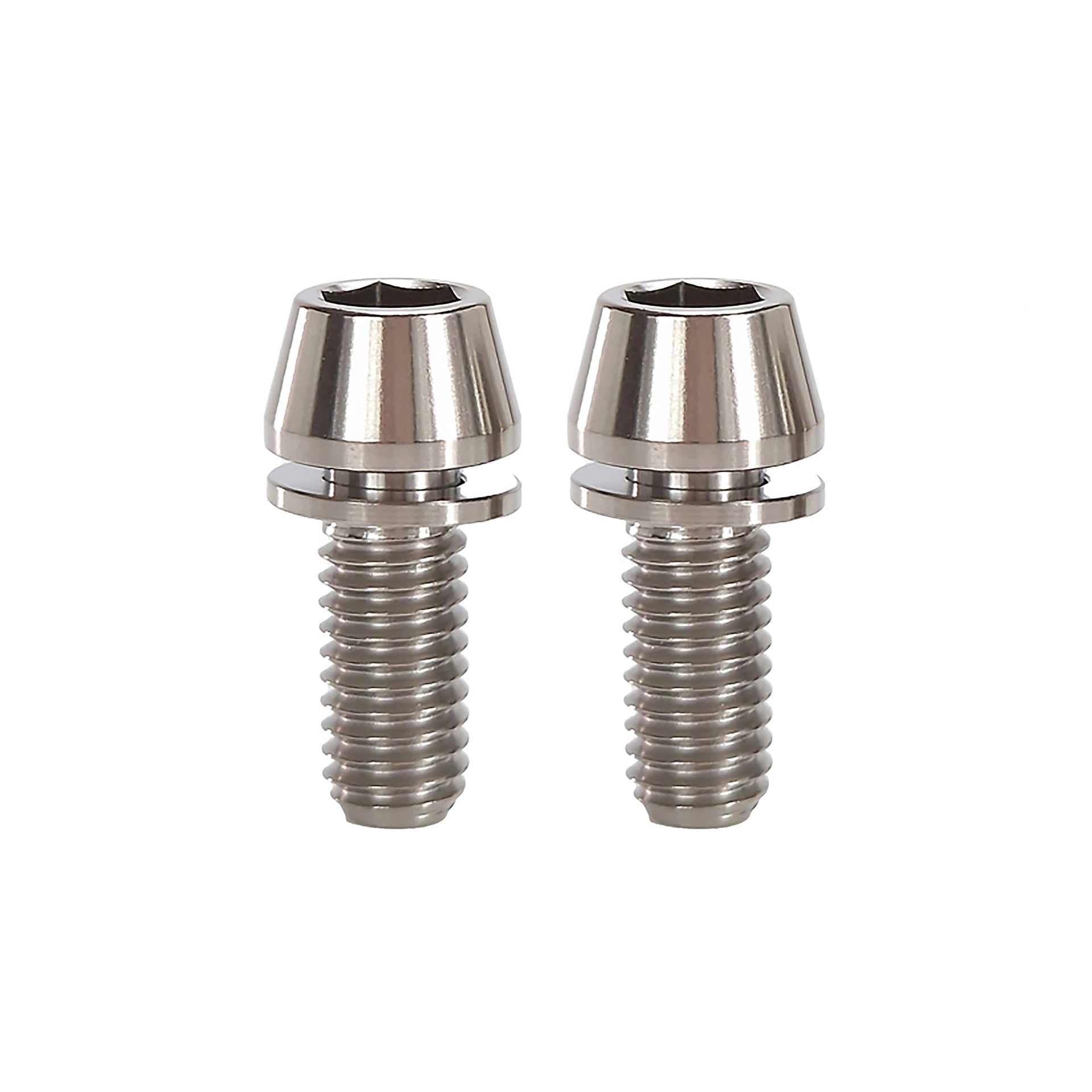 2 raw m6x15 taperhead titanium bolts on a white background