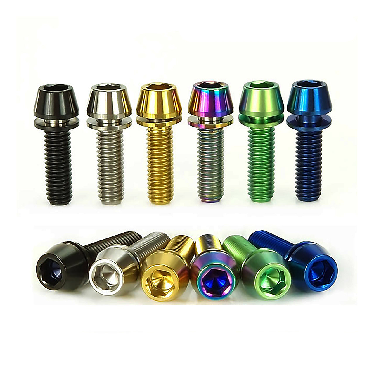 6 different coloured titanium bolts on a white background