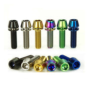 6 different coloured titanium bolts on a white background