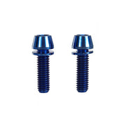 2 blue m6x20 taperhead titanium bolts on a white background