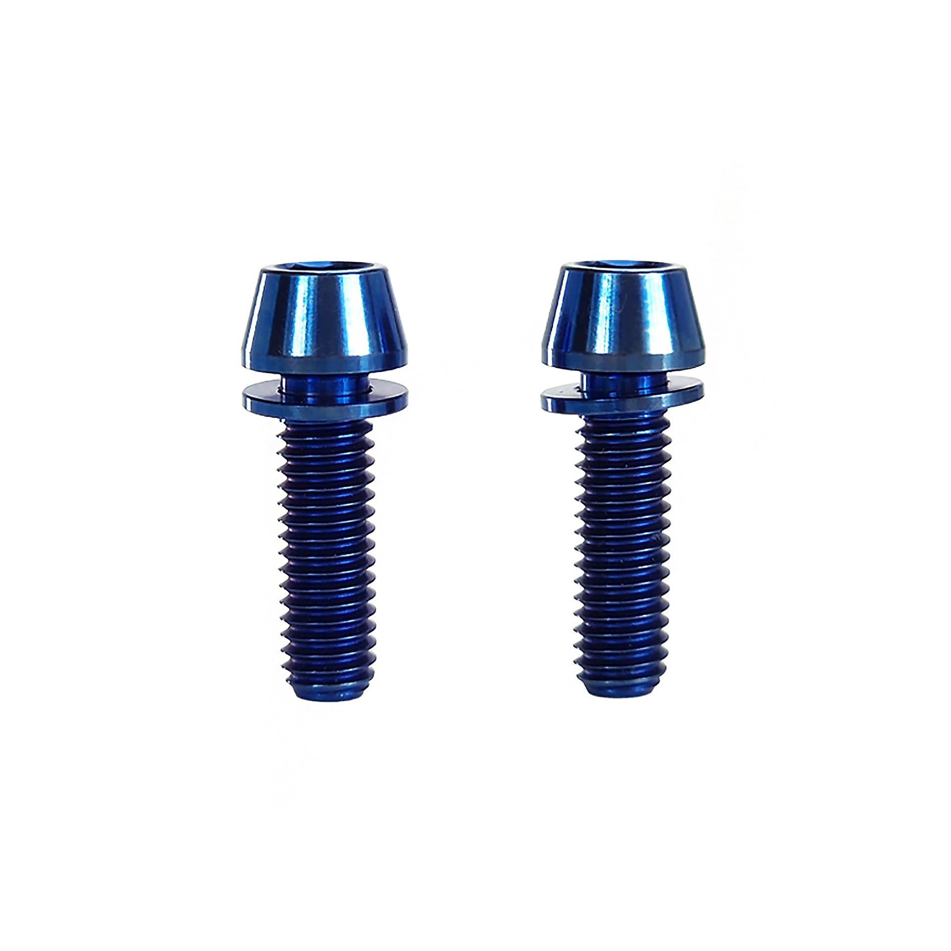 2 blue m6x20 titanium bolts on a white background