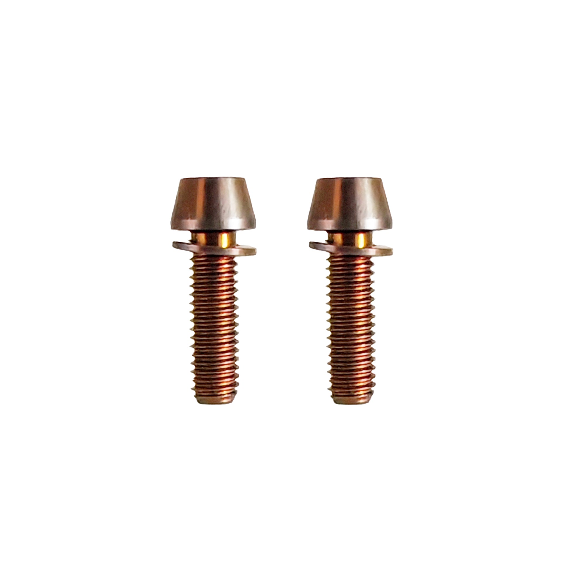 two m6x20mm titanium bronze bolts on a white background