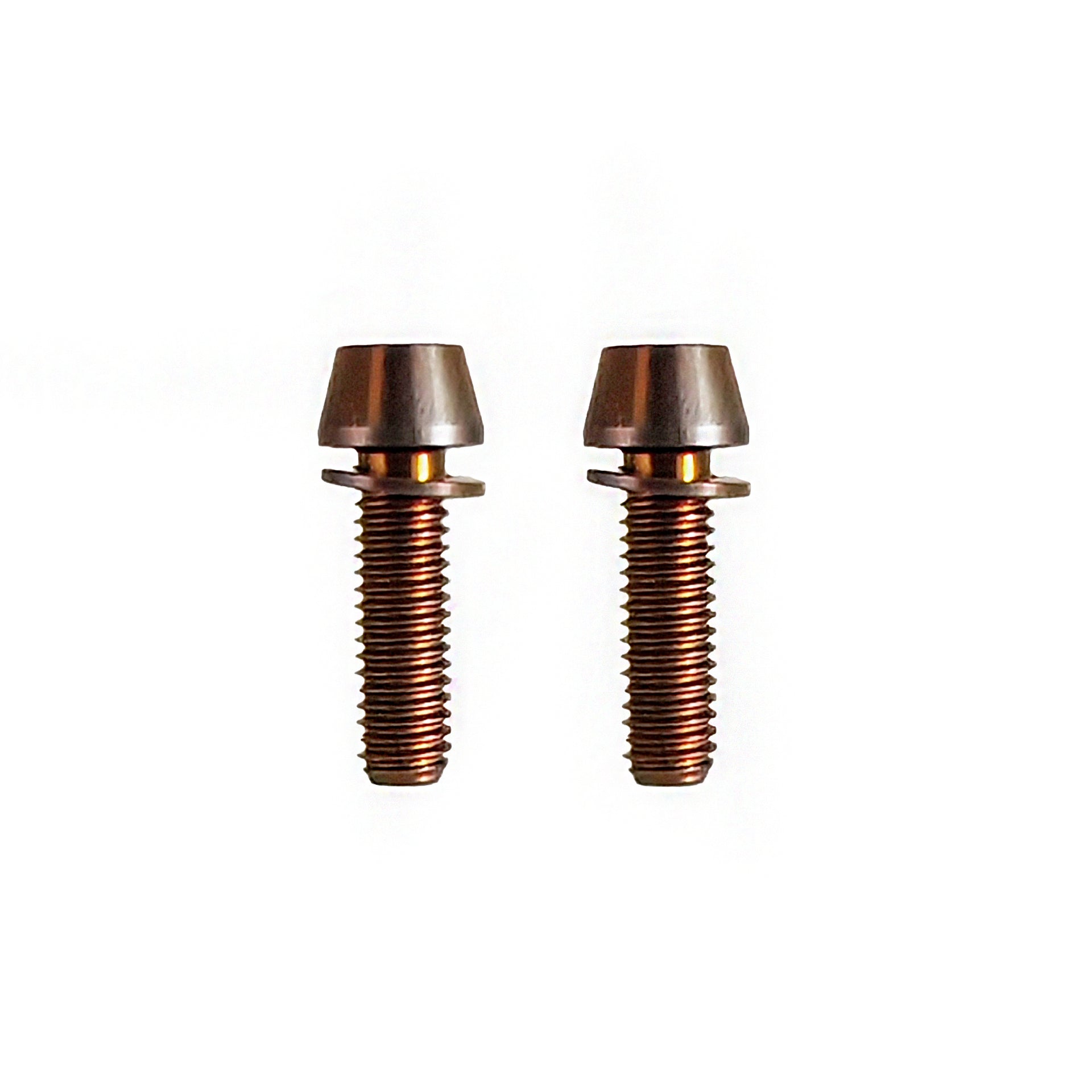 2 bronze m6x20 taperhead titanium bolts on a white background