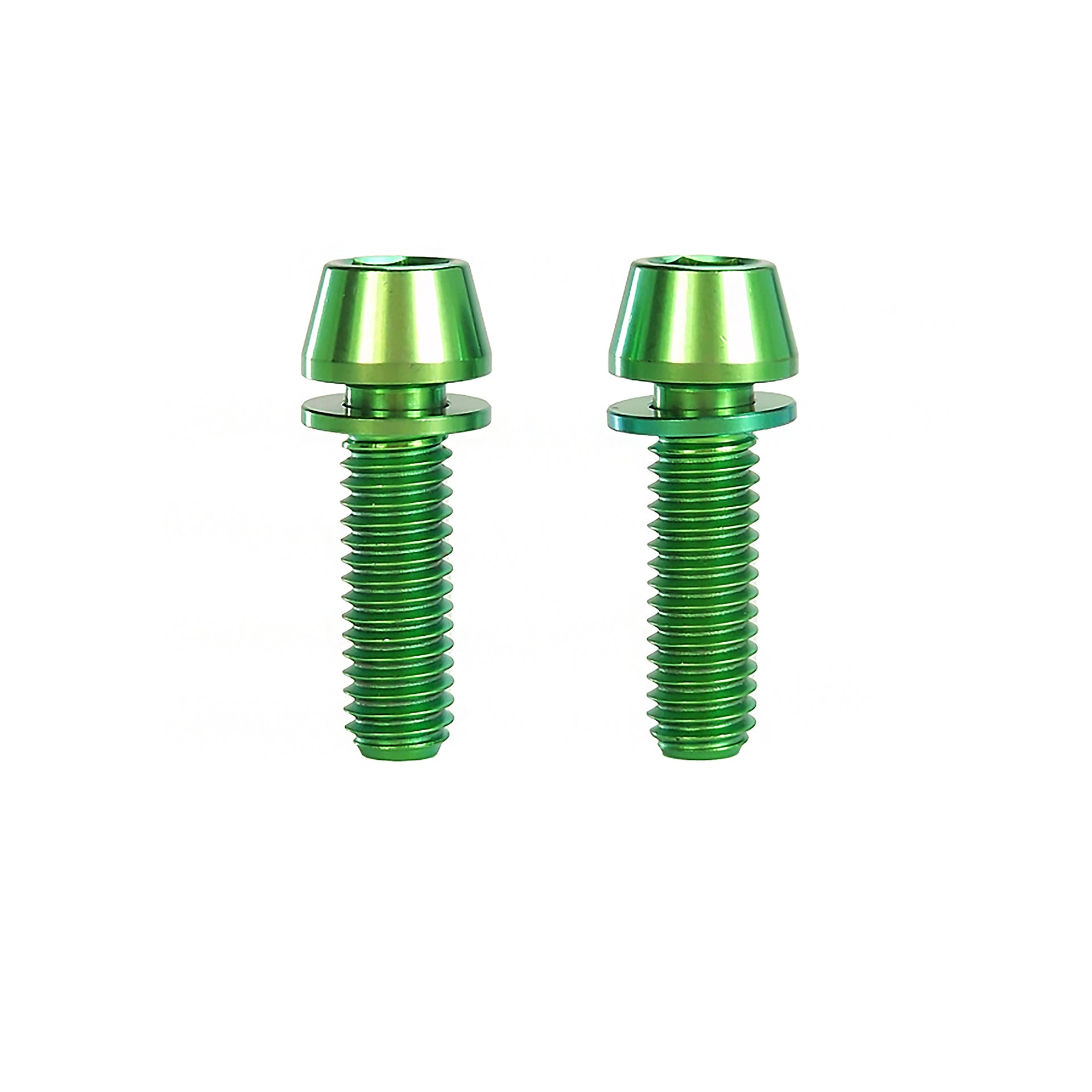 2 green m6x20 taperhead titanium bolts on a white background
