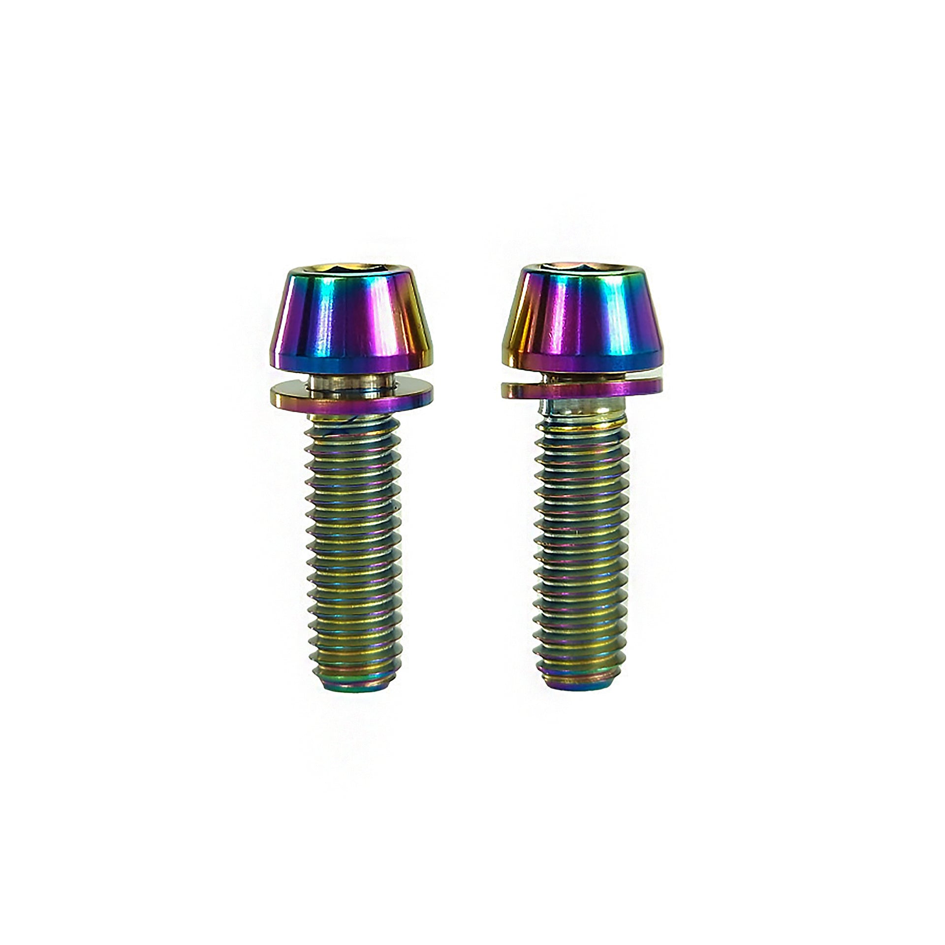 2 oil slick m6x20 taperhead titanium bolts on a white background