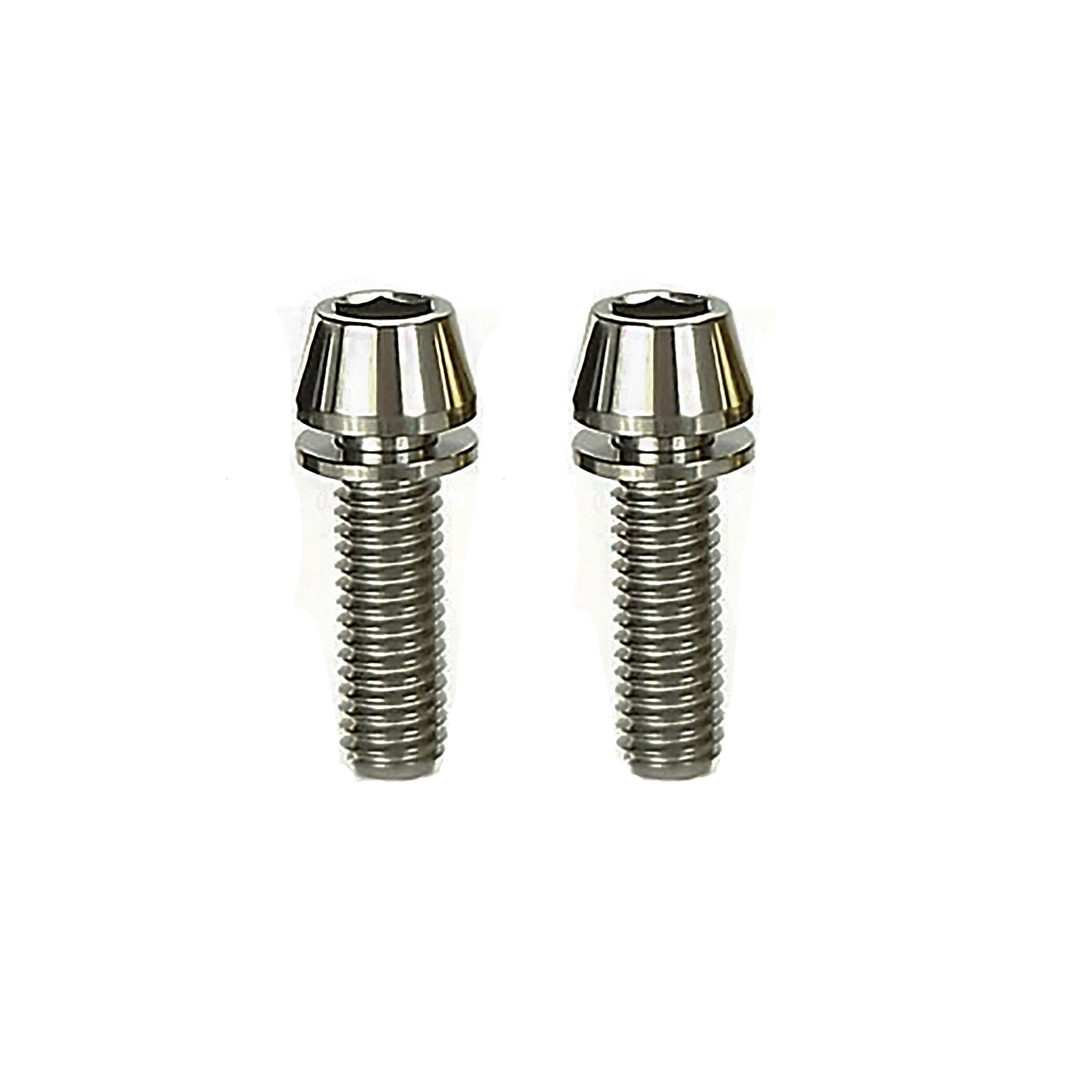 2 raw m6x20 taperhead titanium bolts on a white background