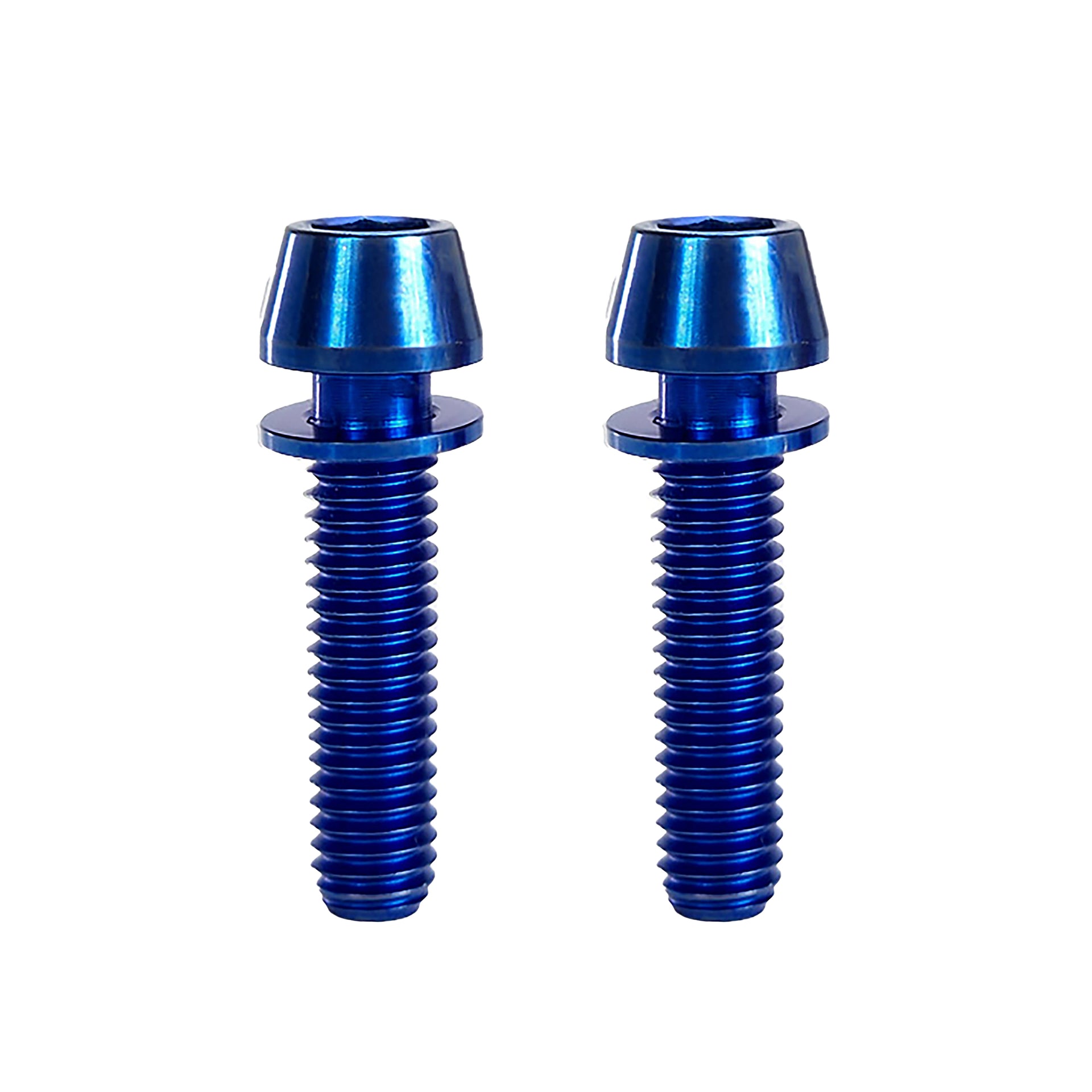 2 blue m6x25mm taperhead  titanium bolts on a white background