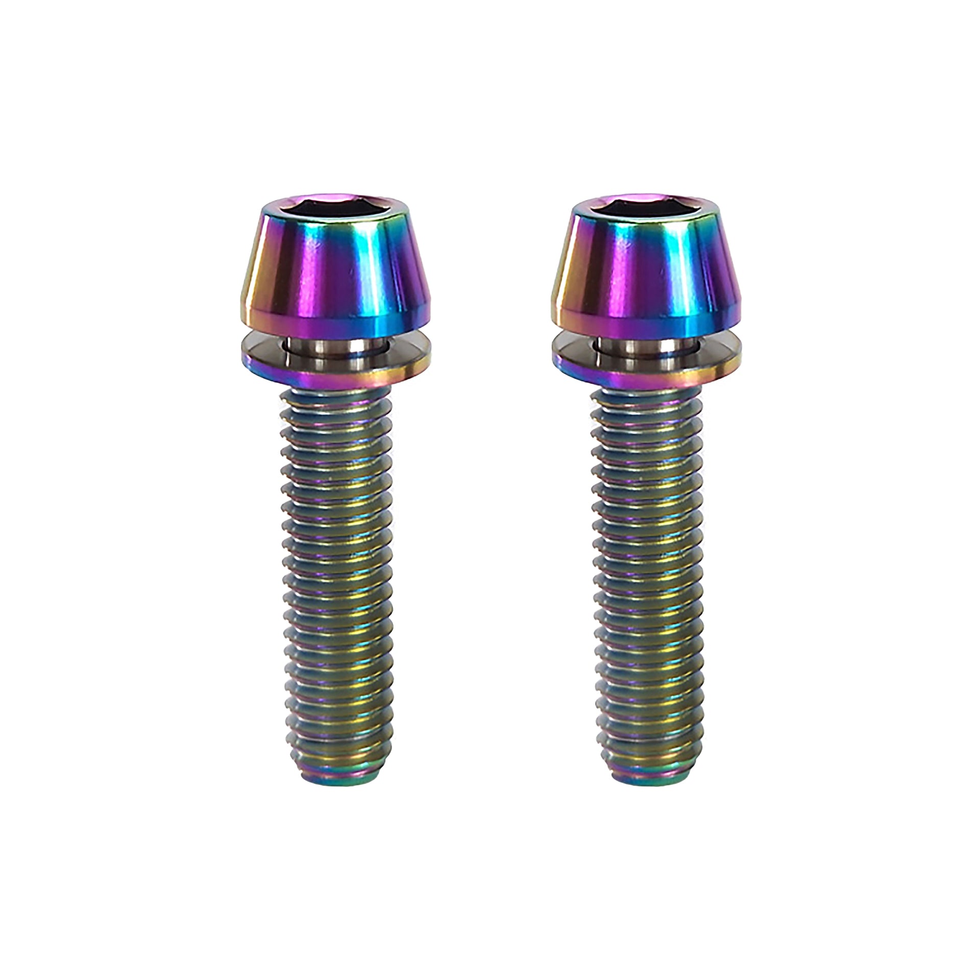 2 oil slick m6x25mm taperhead  titanium bolts on a white background