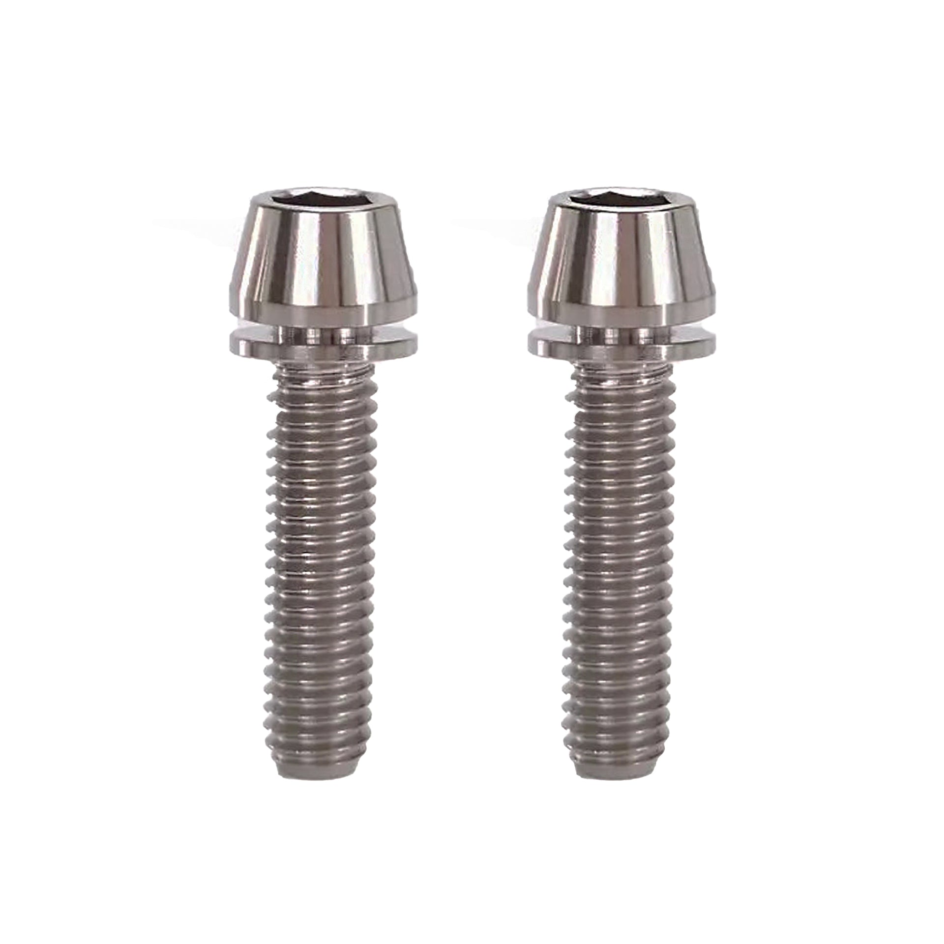 2 raw m6x25mm taperhead  titanium bolts on a white background