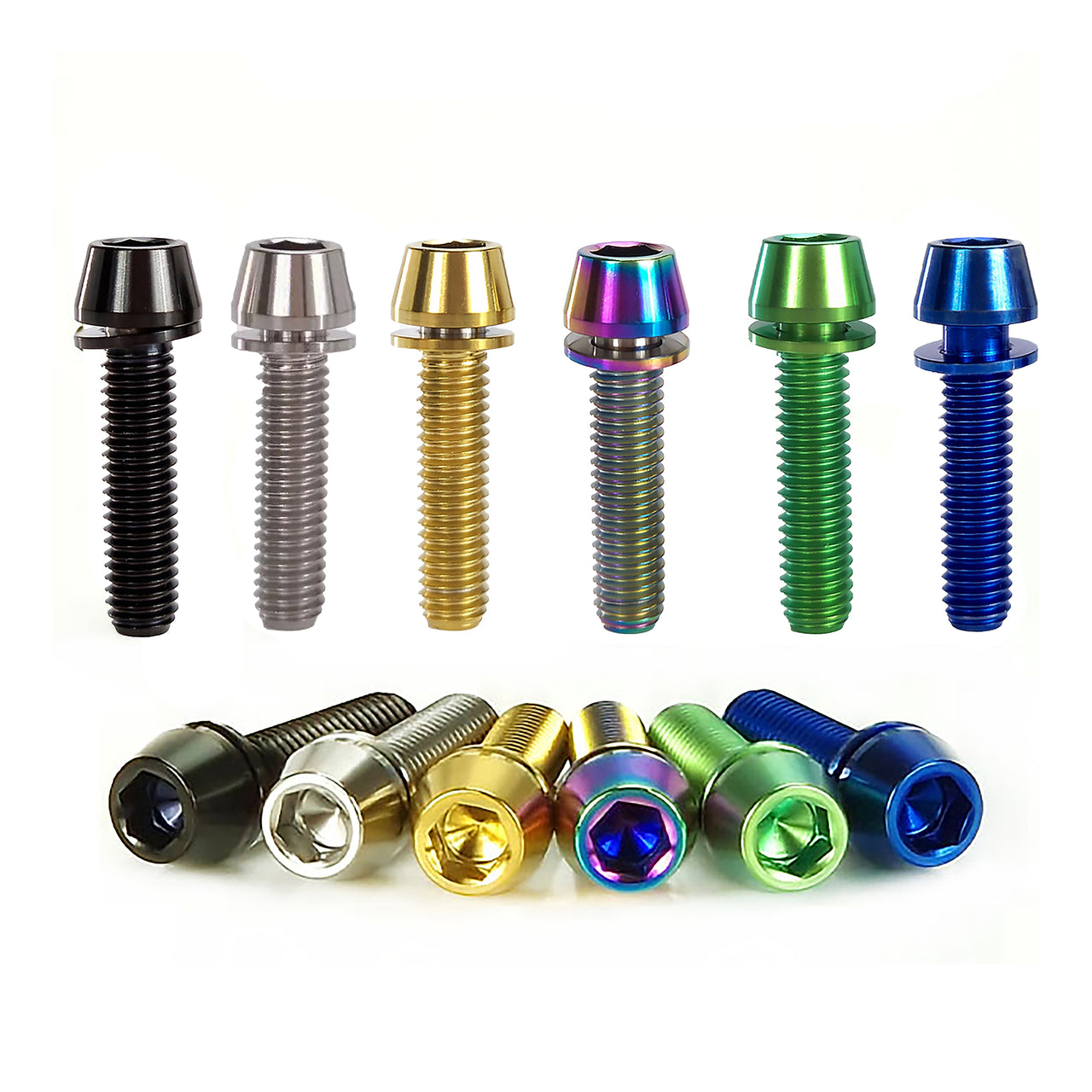 6 different m6x25mm taperhead  titanium bolts on a white background