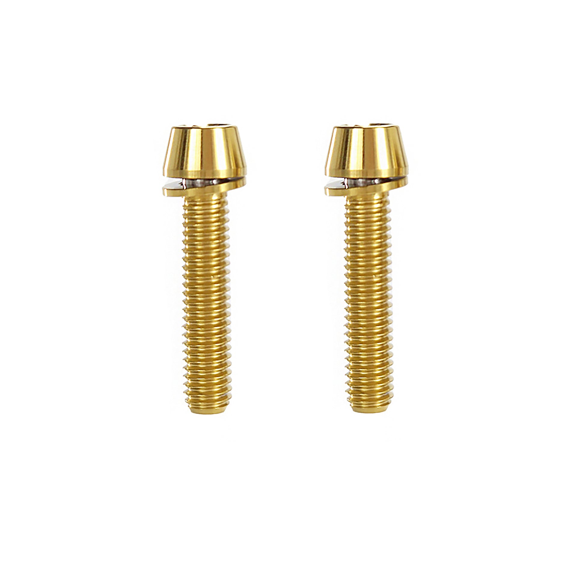 2 gold m6x28 taperhead titanium bolts on a white background