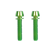 2 green m6x28 taperhead titanium bolts on a white background