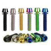 6 different coloured m6x28 taperhead titanium bolts on a white background