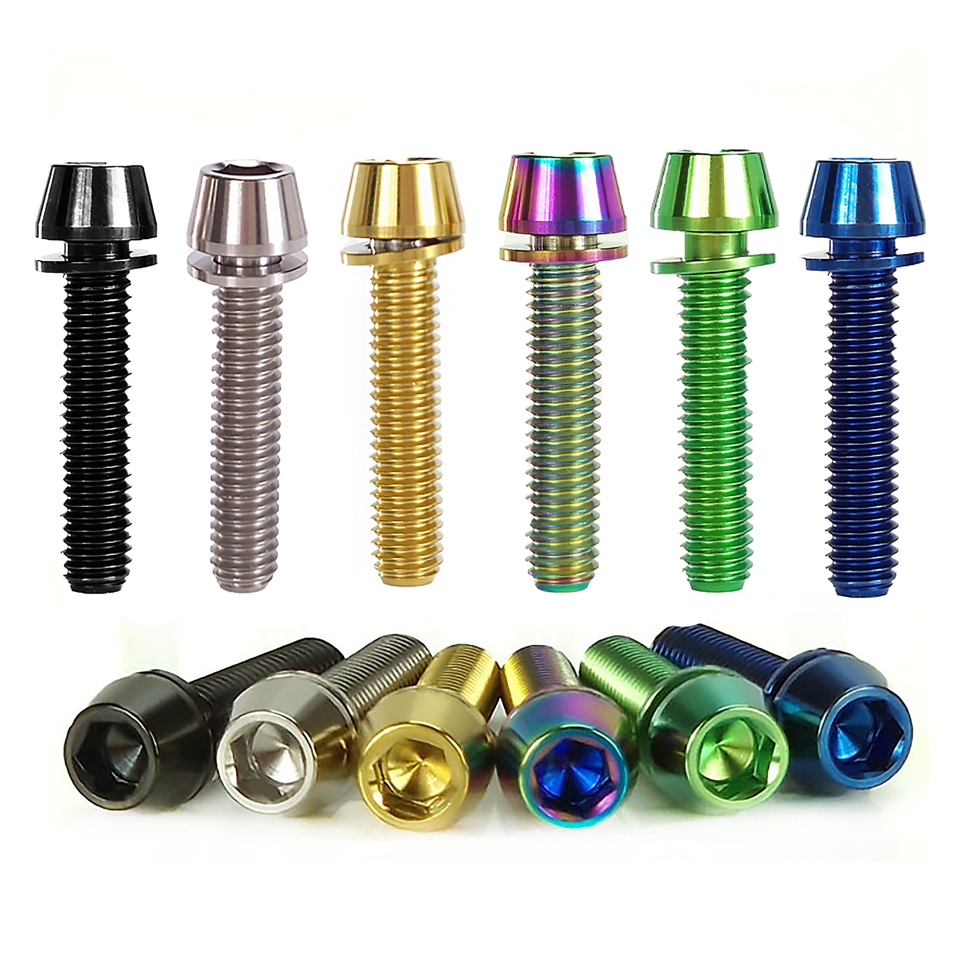 6 different coloured m6x28 taperhead titanium bolts on a white background