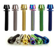 6 different  coloured m6x32 titanium bolts on a white background