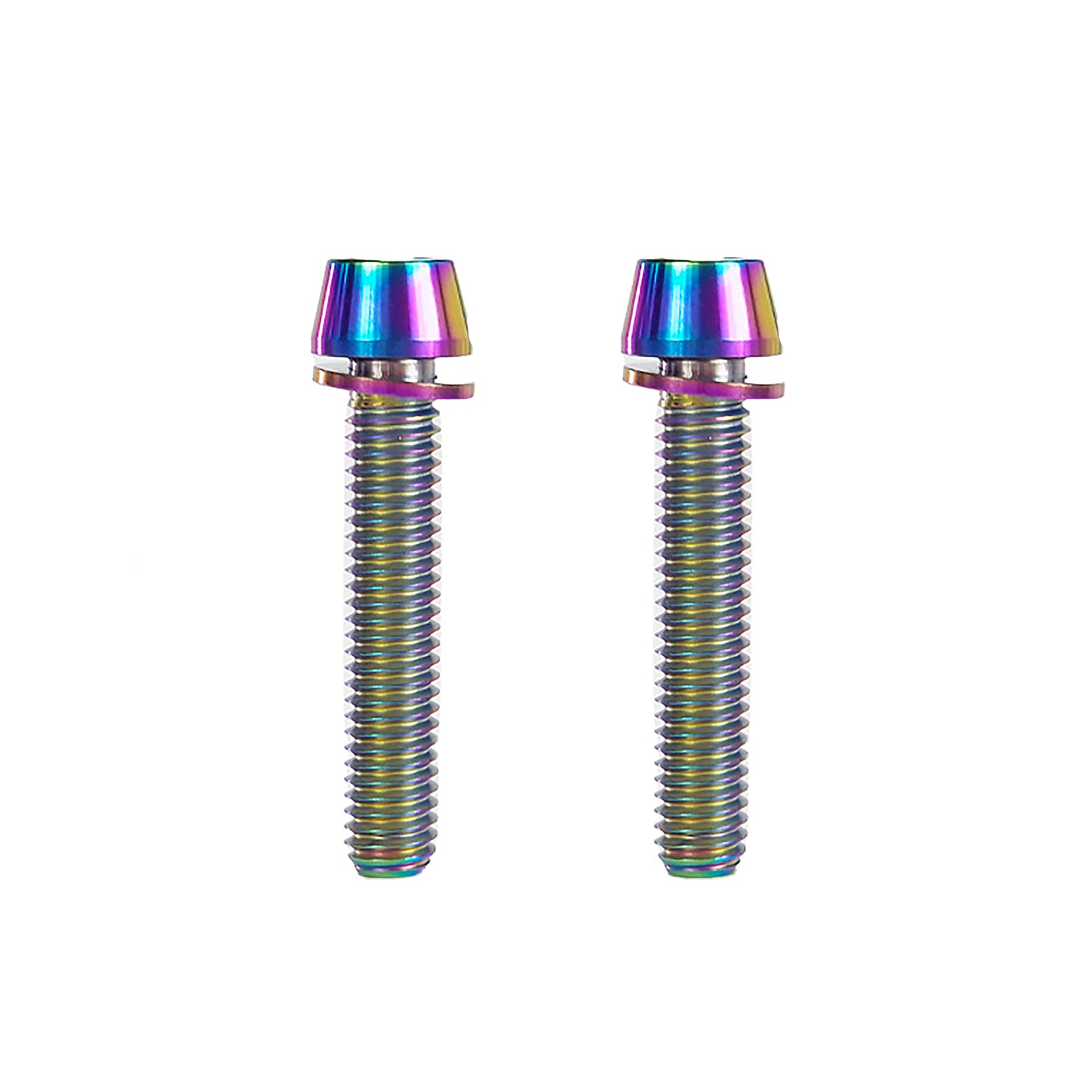 2 oil slick m6x32 titanium bolts on a white background