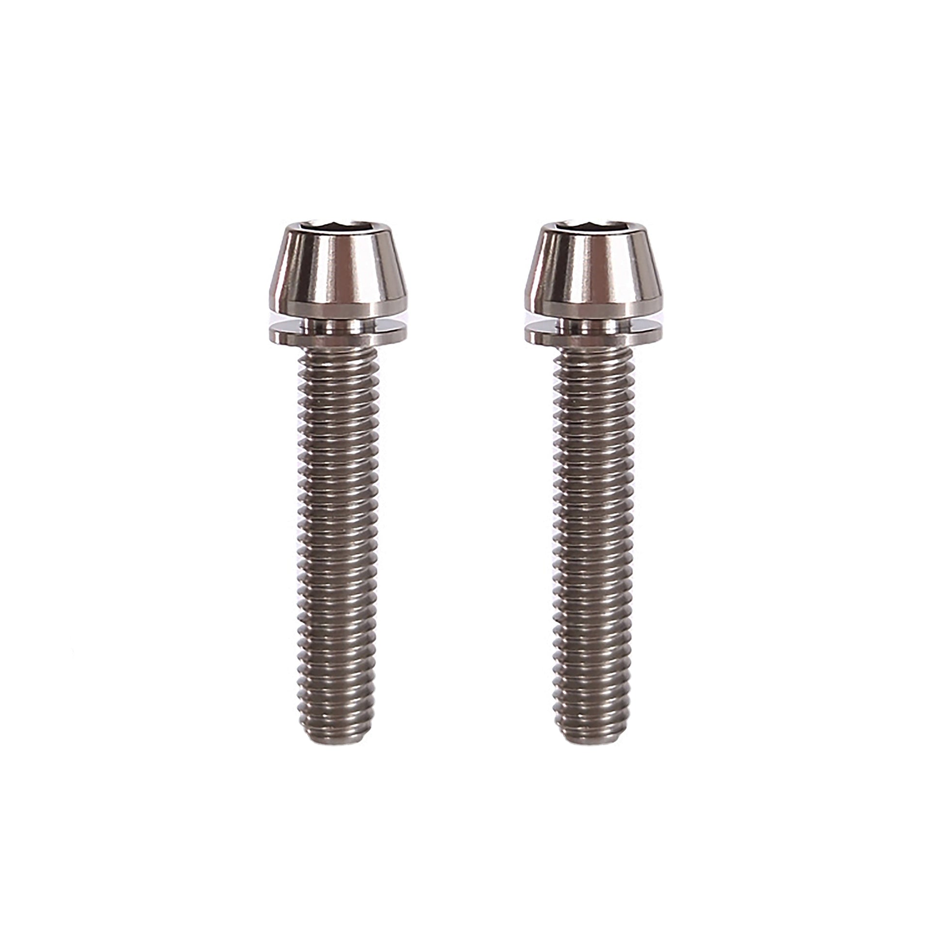 2 raw m6x32 titanium bolts on a white background