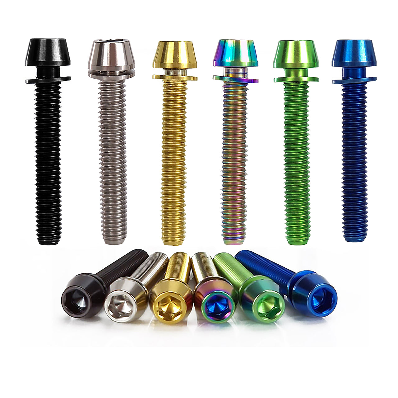 6 different coloured m6x38 taperhead  titanium bolts on a white background
