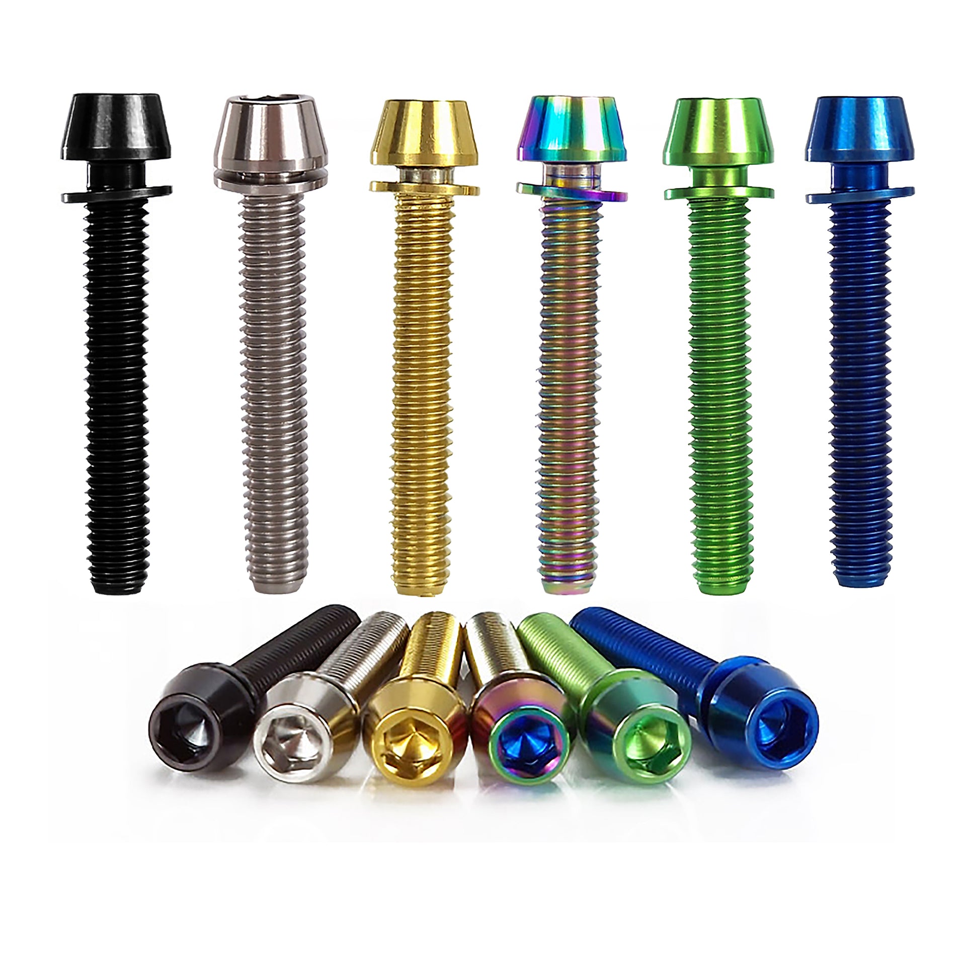 6 different coloured m6x38 taperhead  titanium bolts on a white background
