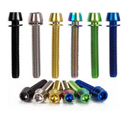 6 different coloured m6x42mm taperhead  titanium bolts on a white background