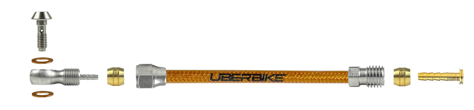 Magura hydraulic kevlar braid brake hose fittings using a banjo bolt with Uberbike branding on a white background