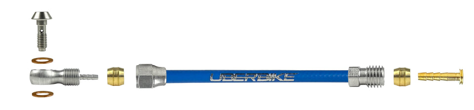 Magura hydraulic kevlar brake hose fittings using a banjo bolt with Uberbike branding on a white background