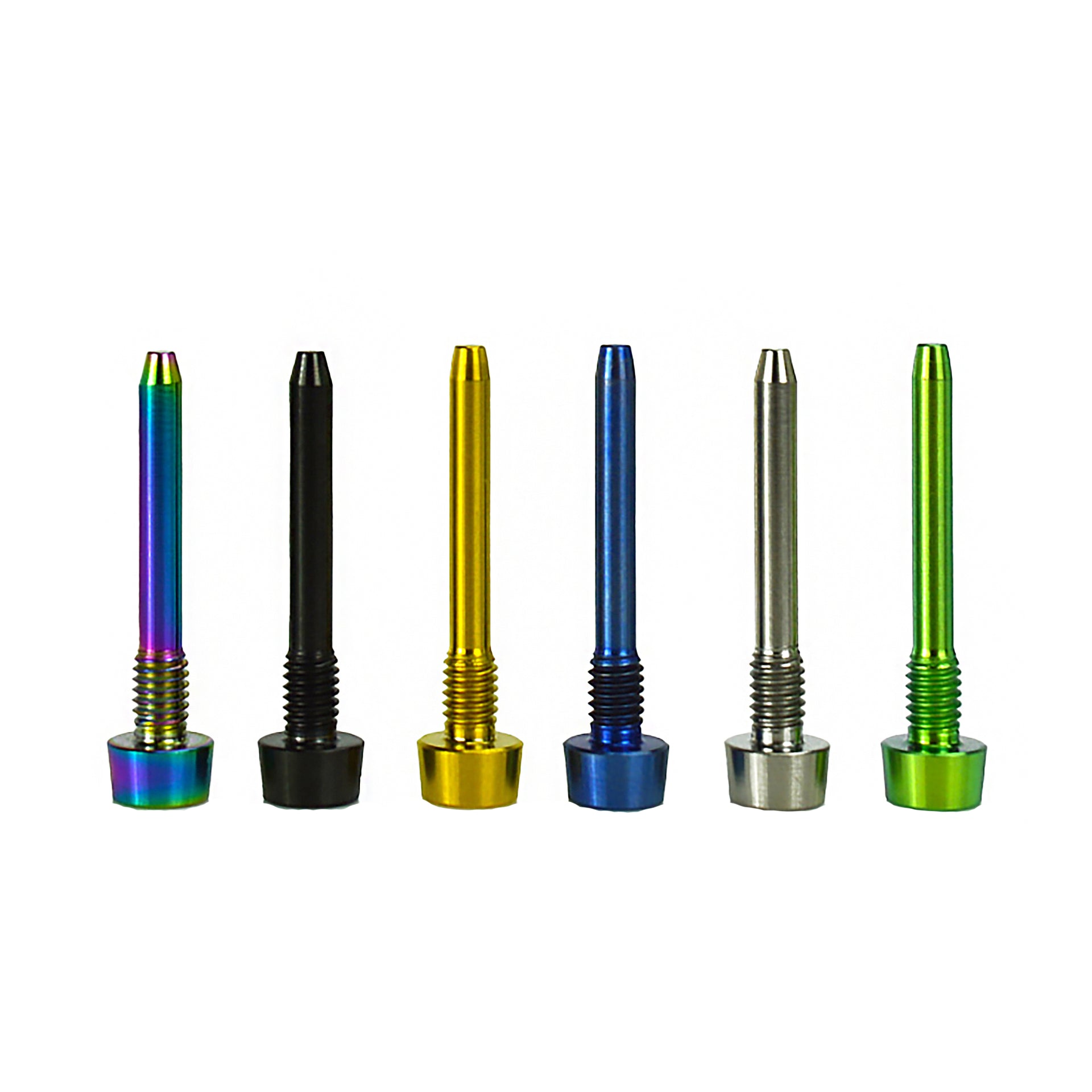 6 different coloured magura disc brake retaining pad pins on a white background