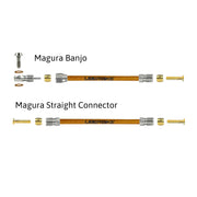 a diagram showing all the brake fittings for magura kevlar braid hydraulic brake hose kits on a white background