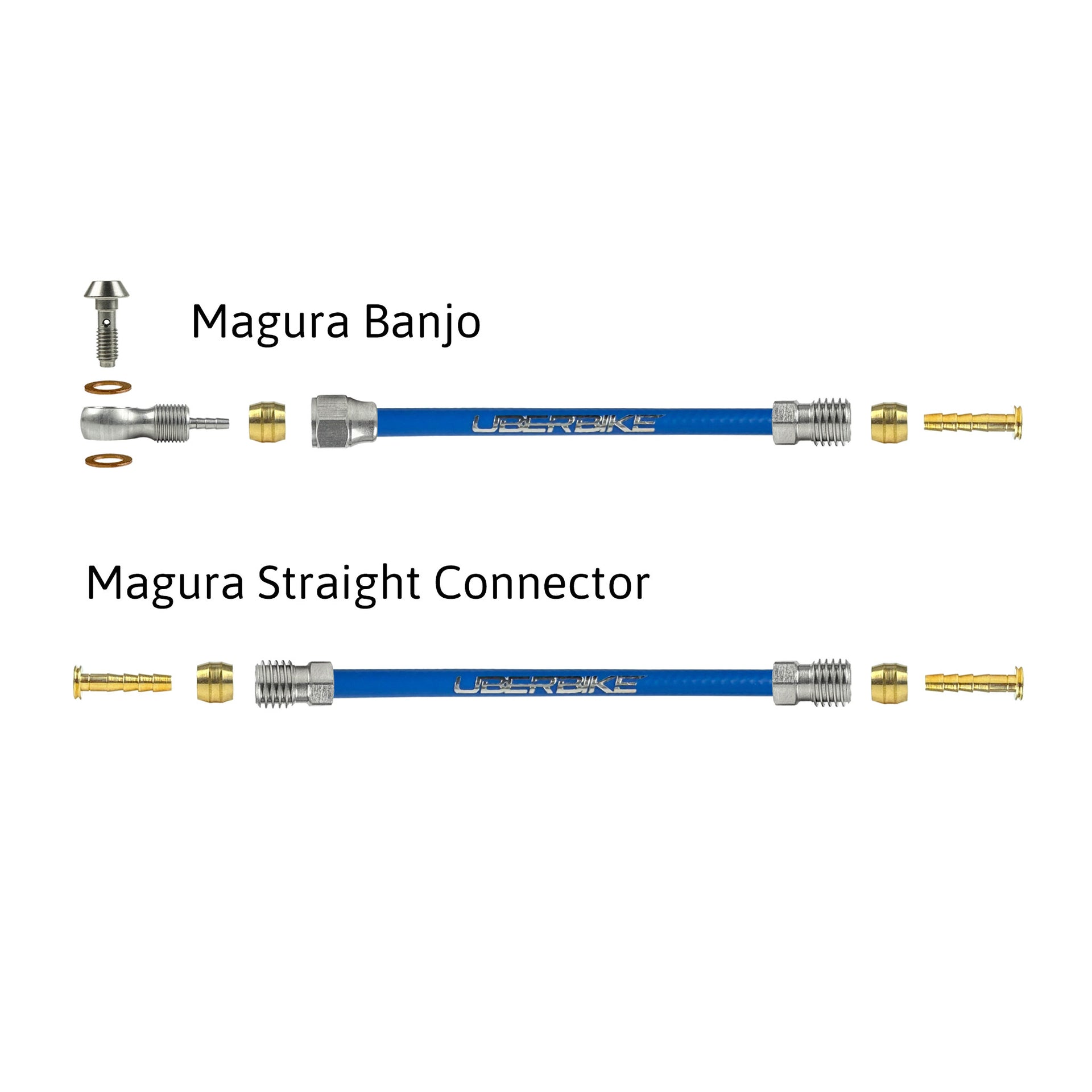 a diagram showing all the brake fittings for magura hydraulic brake hose kits on a white background