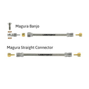 a diagram showing all the brake fittings for magura stainless braid hydraulic brake hose kits on a white background