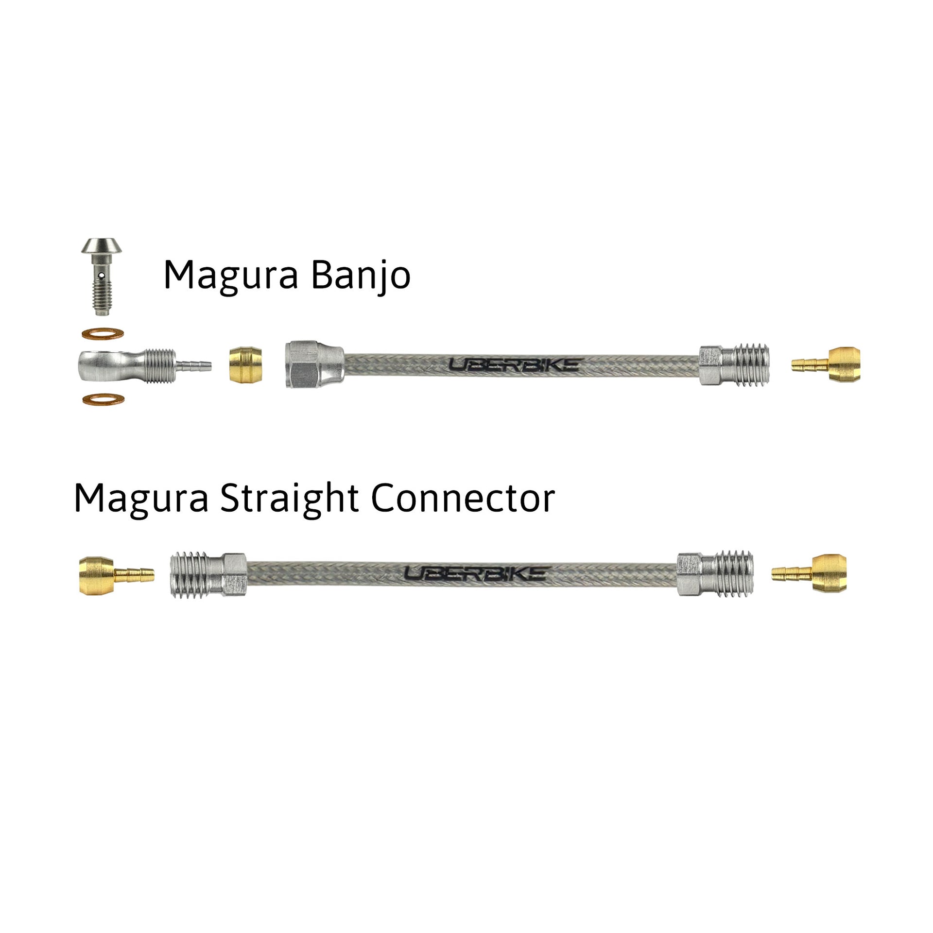 a diagram showing all the brake fittings for magura stainless braid hydraulic brake hose kits on a white background