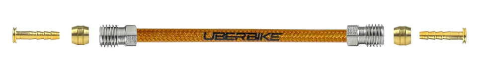 Magura hydraulic kevlar  braid brake hose fittings using a straight connector bolt with Uberbike branding on a white background