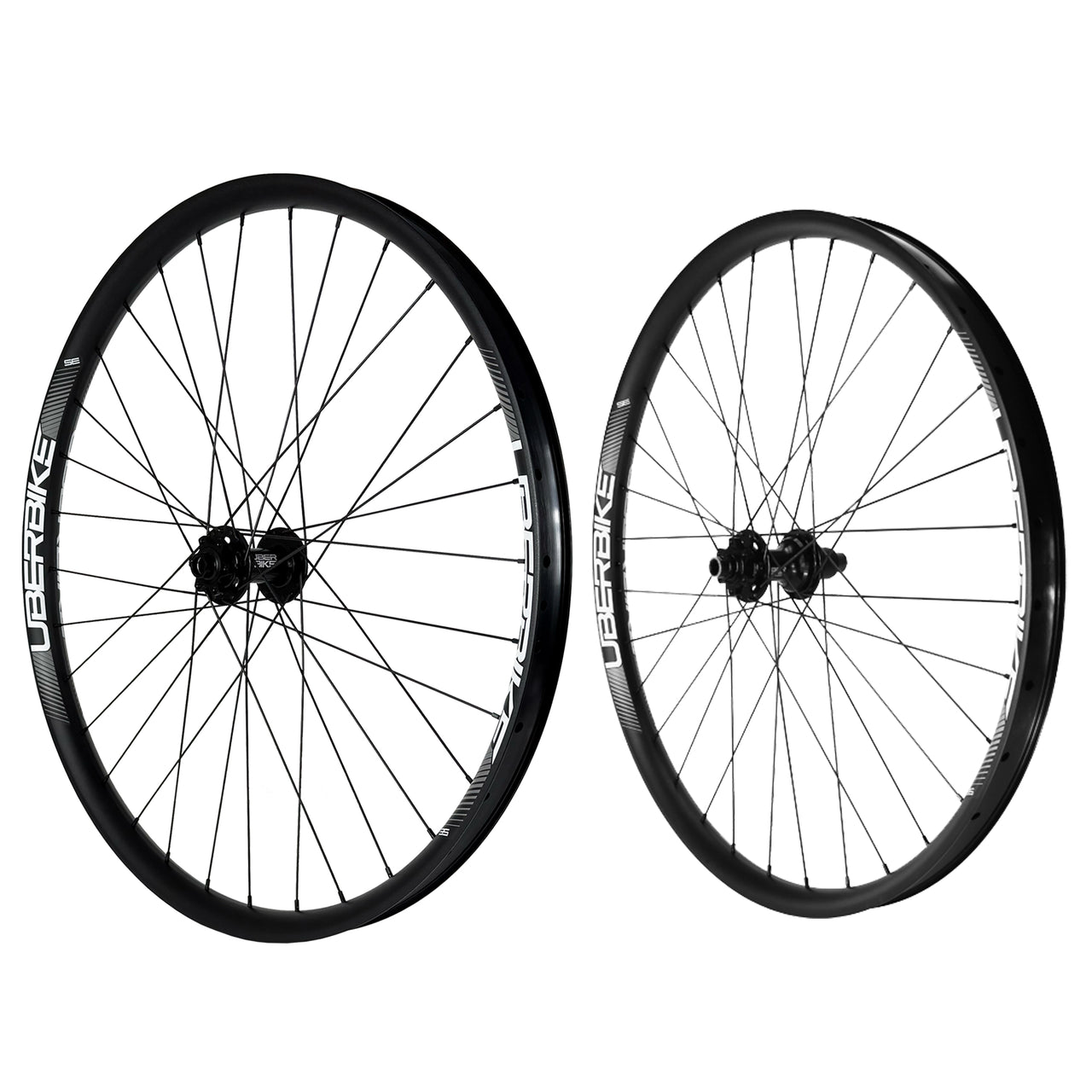 A mullet mtb wheelset showing Uberbike branding on a white background